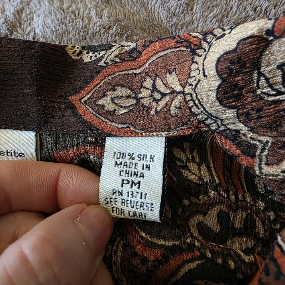 Amanda Smith Petite 100% Silk Blouse Paisley Brown Boho Earthy Coastal Grandma - Picture 7 of 14